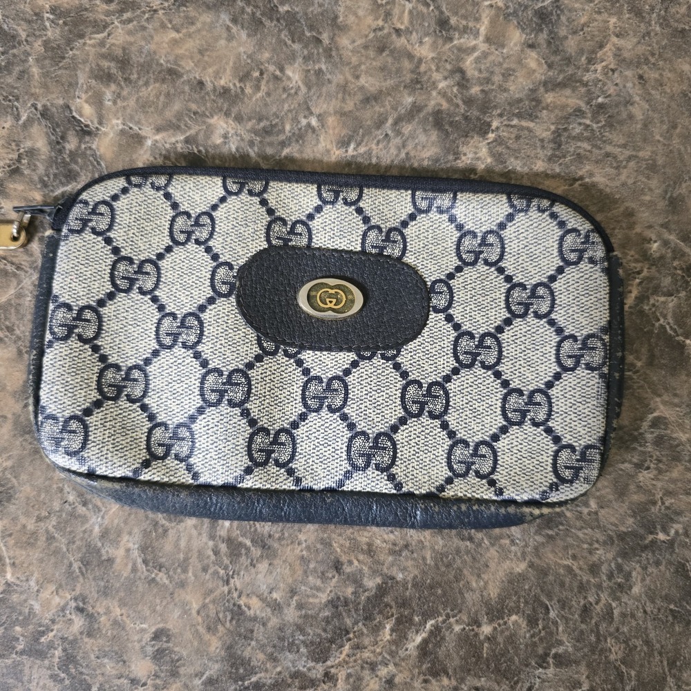 Vintage Gucci GG Supreme Monogram Cosmetic Pouch Navy Blue Italy 039.904.024